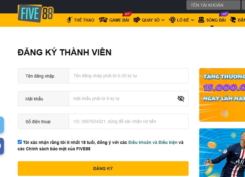 Đăng ký thành viên Five88