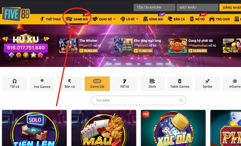 Nhấn vào Game bài ở trên Menu